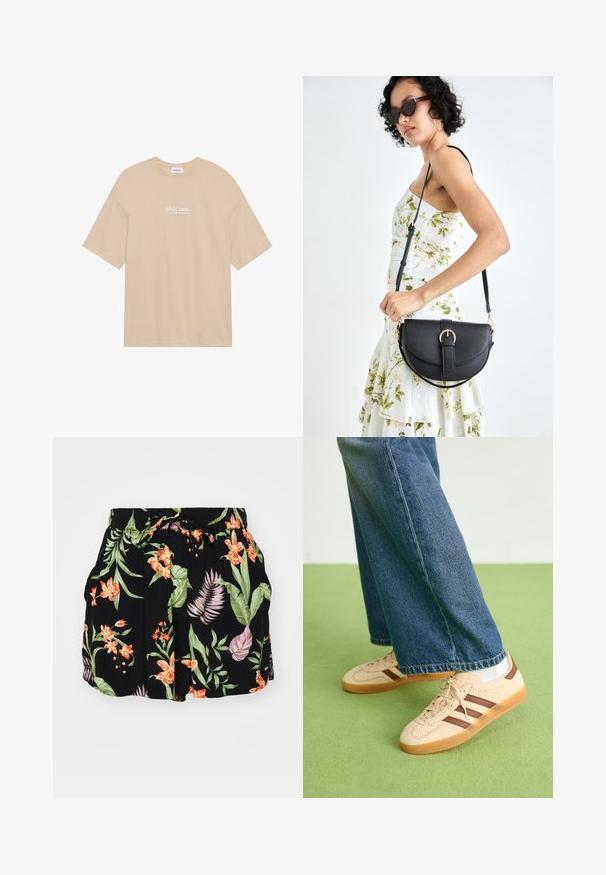 Beige bomulds t-shirt med rund hals og korte ærmer. Foran er der trykt "PACIFIC COAST California" i hvid tekst.; Sorte shorts med et farverigt blomsterdesign med orange og grønne elementer, elastisk talje med snor og sidelommer.; Beige sneakers med teksturerede cremefarvede paneler og brune striber, parret med blå denim jeans. Jeansene har brede ben og en frynset kant.; Sort læderhåndtaske med en buet form, aftagelig rem og guldfinish. Tasken har en klap med en spænde detalje.