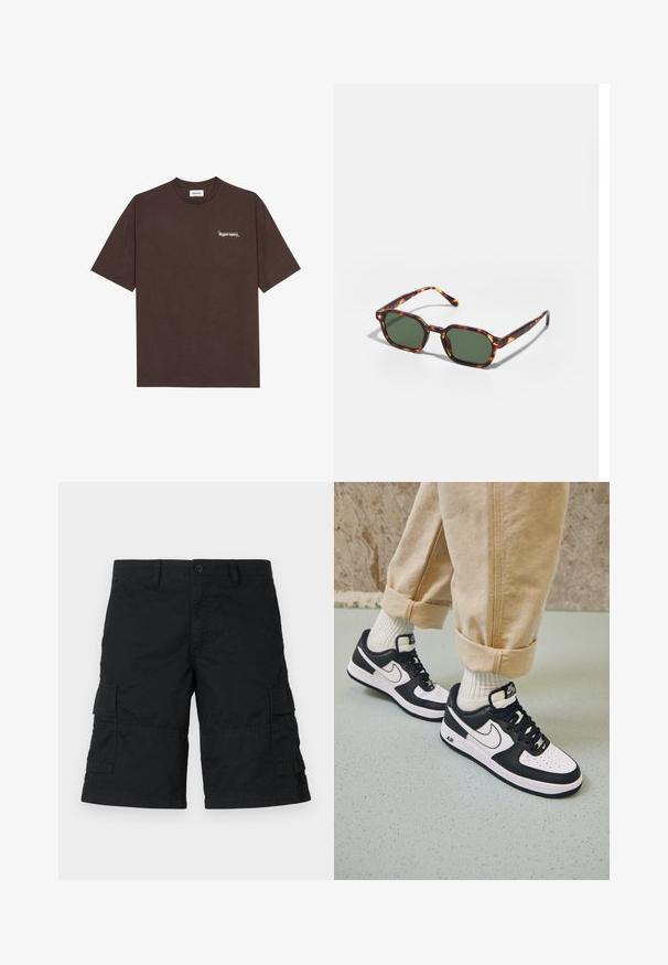 Bruine katoenen T-shirt met korte mouwen, ronde halslijn en witte opdruk "Hyperspace" op de linkerborst met steraccenten.; Zwarte cargoshorts van lichtgewicht stof; voorzien van twee zijzakken en twee klepzakken; recht gesneden ontwerp met een losse fit.; Zwart-witte Nike Air Force 1 sneakers met een leren bovenwerk, geperforeerde neus en gestructureerde zooldetails, gedragen met opgerolde beige broek en witte sokken.; Tortoiseshell zonnebrillen met groene glazen, met een octagonaal formaat en slanke, gebogen armen. Materiaal heeft een glanzende afwerking.