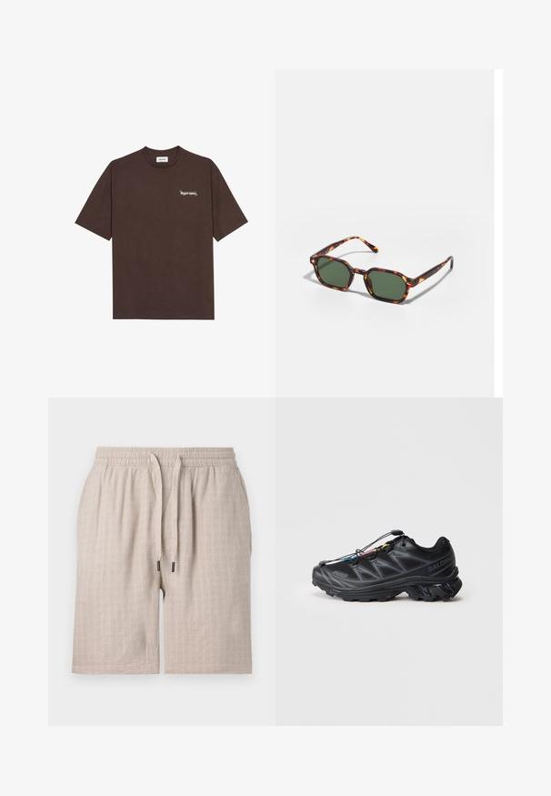 Braunes Baumwoll-T-Shirt mit kurzen Ärmeln, rundem Ausschnitt und weißem Drucktext "Hyperspace" auf der linken Brust sowie Sternen-Akzenten.; Beige, strukturierte Shorts mit elastischem Bund und Kordelzug. Mit einem dezenten Karomuster und lockerer Passform. Keine sichtbaren Taschen.; Schwarzer Sportschuh mit einem strukturierten Mesh-Obermaterial, verstärkter Zehenkappe und einem Schnellverschluss-System. Verfügt über eine robuste Laufsohle und einen leichten Absatz.; Schildpatt-Sonnenbrille mit grünen Gläsern, in einer achteckigen Form und schlanken, gebogenen Bügeln. Das Material hat eine glänzende Oberfläche.