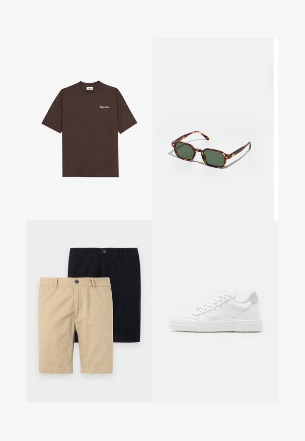 T-shirt en coton marron à manches courtes, col rond, avec le texte imprimé en blanc "Hyperspace" sur la poitrine gauche et des accents d'étoiles.; Deux paires de shorts, l'une beige et l'autre noire, en coton. Les deux présentent un bouton, un devant plat et sont conçus pour arriver au genou.; Des baskets en cuir blanc avec une finition lisse, un bout rond, des lacets plats et une semelle texturée. Accents en daim gris au niveau du talon.; Lunettes de soleil en écaille de tortue avec des verres verts, présentant une forme octogonale et des branches minces et courbées. Le matériau a une finition brillante.