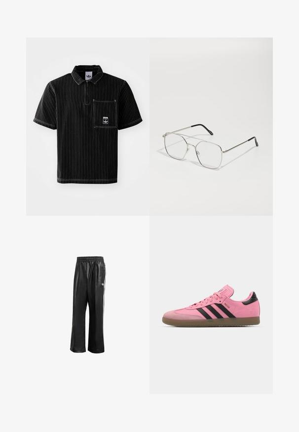 Svart kortermet polo med frontglidelås, hvite vertikale striper, brystlomme med lite logo og strukturert stoff.; Sorte syntetiske treningsbukser med elastisk midje, som har hvite sidestreker og en liten hvit logo på venstre hofte.; Rosa idrettssko med svarte striper og detaljer. Har en teksturert overdel, rund tå og en gummisåle. Lisse-system med polstret tunge.; Sølvrøde metalbriller med geometrisk oktagonal form, klare linser og sorte spidser på stængerne. Minimalistisk design med tynde rammer.