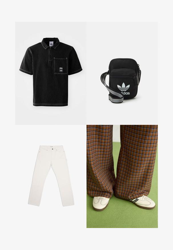 Tricou polo negru cu mânecă scurtă, cu fermoar frontal, dungi verticale albe, buzunar pe piept cu un logo mic și țesătură texturată.; Pantaloni cargo albi, cu două buzunare frontale, design cu picior drept și pete întărite la genunchi. Confecționați dintr-o țesătură rezistentă de bumbac.; Pantaloni largi cu carouri maro și albastru, asociați cu pantofi albi cu accente negre și tălpi texturate, împotriva unui fundal verde.; Geantă de umăr din material textil negru, cu închidere cu fermoar, având un logo Adidas alb și o curea ajustabilă cu dungi pentru o transportare ușoară.