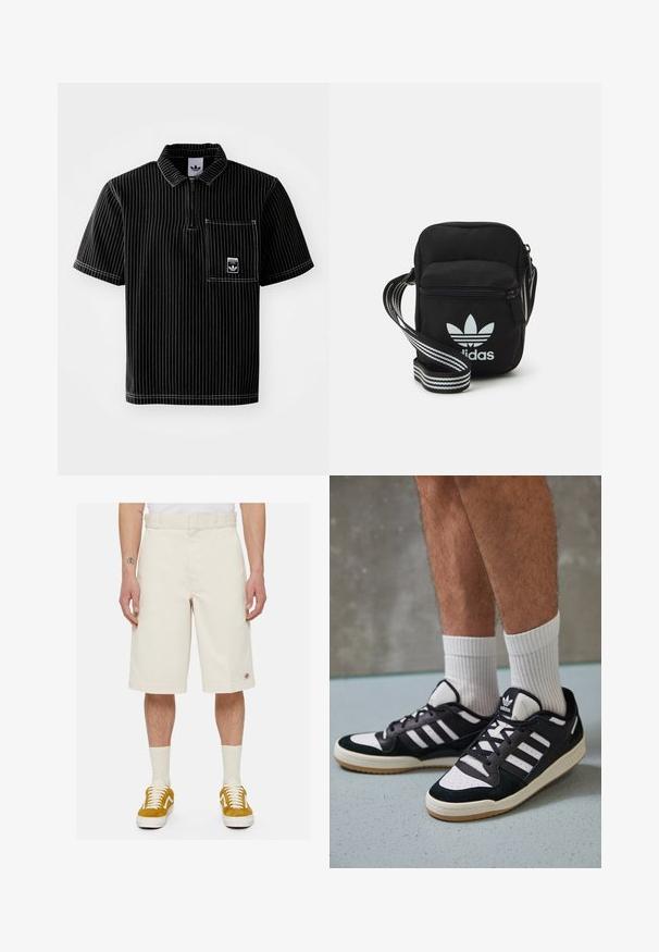 Črna polo majica s kratkimi rokavi in sprednjim zadrgo, bele navpične črte, prsni žep z malim logotipom in teksturirana tkanina.; Bež bombažne kratke hlače s ravnim krojem, ravnim sprednjim delom in stranskimi žepi. Imajo majhen logotip pri robu. Oblečene so z rumenimi supergami.; Črno-bele superge z zgornjim delom iz usnja in nubuka, ki imajo tri bele črte, perforiran vrh prstov in podplat iz gume.; Črna tkaninska torbica čez ramo z zadrgo, ki vsebuje belo Adidasovo logo in pridelano naramnico z več črtami za enostavno nošenje.