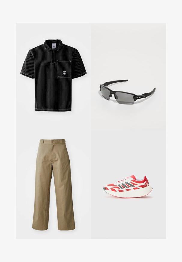 Svart kortärmad polo med dragkedja fram, vita vertikala ränder, bröstficka med liten logotyp och textilstruktur.; Khakifärgade vida byxor i bomullsblandning, med en enda knäppning och synliga sidfickor. Slät yta, veckdetalj.; Röd och vit idrottssko med ett mesh-överdel, tjock sula med en böjd design och svarta accenter med texturerad detalj.; Svarta sportsolglasögon med grå linser, en böjd ramdesign och logodetalj på sidan. Tillverkade av lätt plastmaterial.