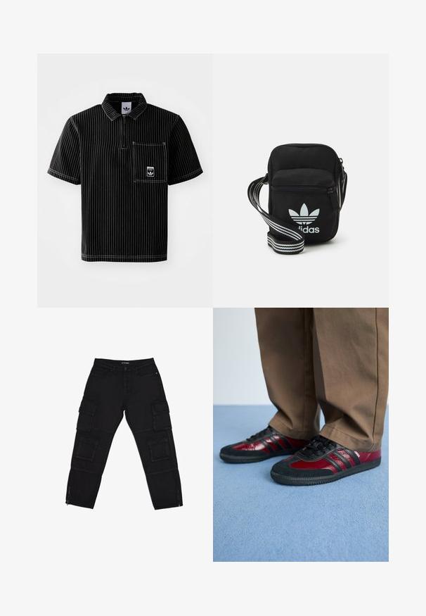 Črna polo majica s kratkimi rokavi in sprednjim zadrgo, bele navpične črte, prsni žep z malim logotipom in teksturirana tkanina.; Črne vojaške hlače iz trpežnega materiala, ki imajo več cargo žepov, z zadrgami na gležnjih in ravnimi nogami z rahlimi šivi.; Črne in burgundske športne čevlje iz usnja in semiša, z črnimi vezalkami in tremi črnimi črtami na strani. Guma podplat.; Črna tkaninska torbica čez ramo z zadrgo, ki vsebuje belo Adidasovo logo in pridelano naramnico z več črtami za enostavno nošenje.