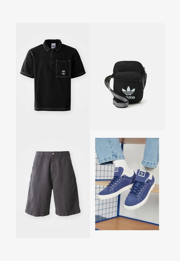 Juodas trumpas rankovėmis polo marškinėliai su priekyje užtrauktuku, baltomis vertikaliomis juostelėmis, krūtinės kišenė su mažuoju logo ir tekstūruota medžiaga.; Tamsiai pilki medvilniniai šortai su laisvu kirpimu, kuriuose yra mygtuko uždarymas, diržo kilpos ir šoninės kišenės, sukurti su paprastu kraštu.; Tamsiai mėlyni Adidas sportbačiai, pagaminti iš zomšos, su baltais guminais padu, apvaliais pirštais ir logotipo ženkleliu ant liežuvėlio. Matomos ryškiai baltos kojinės.; Juodas audinio per petį nešiojamas krepšys su užtrauktuku, turintis baltą Adidas logotipą ir dryžuotą reguliuojamą diržą patogiam nešiojimui.