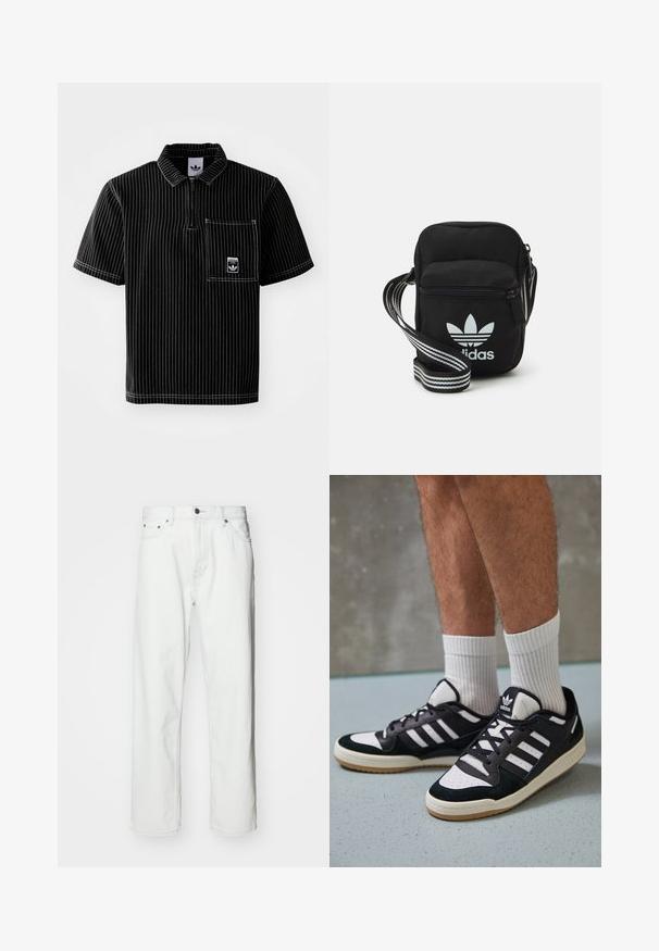 Polo noir à manches courtes avec fermeture éclair sur le devant, rayures verticales blanches, poche poitrine avec petit logo et tissu texturé.; Jean en denim blanc avec une coupe droite, design à cinq poches, fermeture à bouton et détails de coutures subtils. Texture lisse et style minimaliste.; Baskets noir et blanc avec une tige en suède et cuir, comportant trois rayures blanches, un bout perforé et une semelle en caoutchouc gum.; Sac bandoulière noir en tissu avec fermeture éclair, arborant un logo Adidas blanc et une sangle réglable rayée pour un port facile.