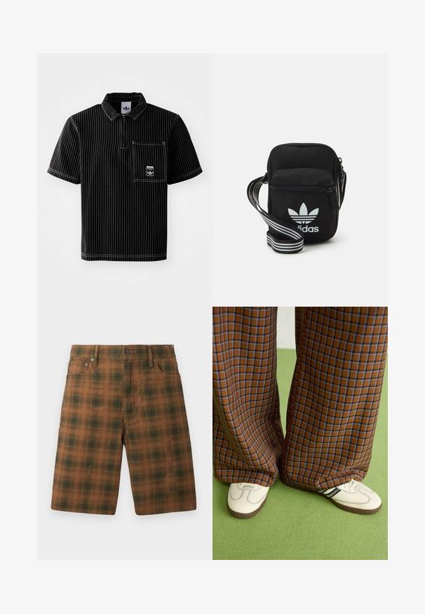 Svart kortärmad polo med dragkedja fram, vita vertikala ränder, bröstficka med liten logotyp och textilstruktur.; Bruna rutiga shorts med en texturerad mönster, i klassisk passform, fem fickor och metallbeslag vid midjan.; Bruna och blå rutiga vida byxor i kombination med vita skor med svarta accenter och texturerade sulor, mot en grön bakgrund.; Svart tygaxelväska med dragkedjestängning, prydd med en vit Adidas-logga och ett randigt justerbart band för enkel bärning.