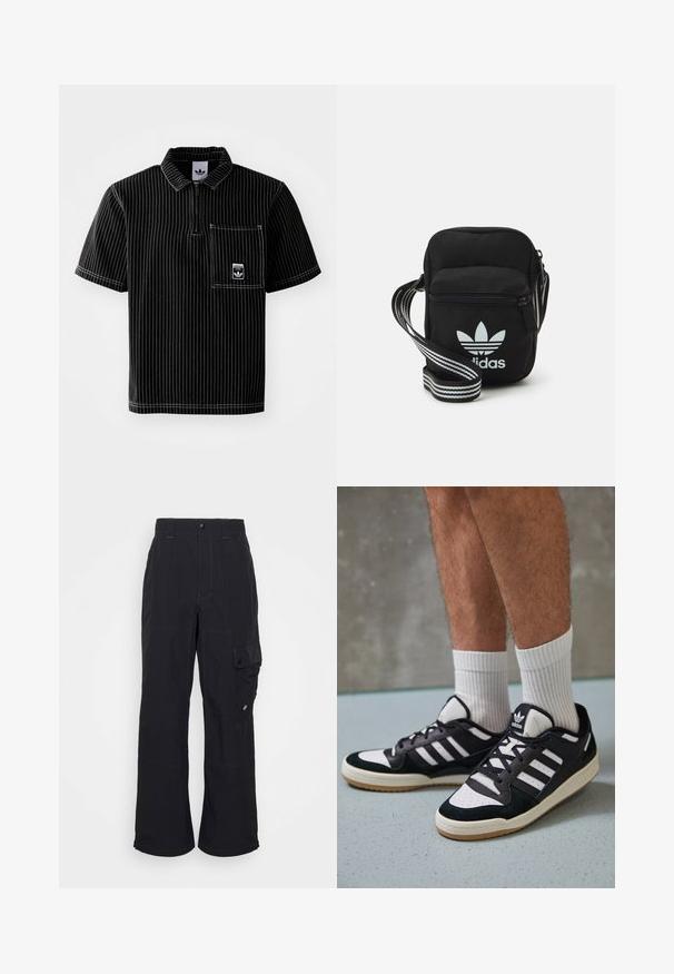Črna polo majica s kratkimi rokavi in sprednjim zadrgo, bele navpične črte, prsni žep z malim logotipom in teksturirana tkanina.; Črne cargo hlače iz teksturirane tkanine, ki imajo široke nogavice, vidno šivanje in stransko žep z gumbom za zapiranje.; Črno-bele superge z zgornjim delom iz usnja in nubuka, ki imajo tri bele črte, perforiran vrh prstov in podplat iz gume.; Črna tkaninska torbica čez ramo z zadrgo, ki vsebuje belo Adidasovo logo in pridelano naramnico z več črtami za enostavno nošenje.