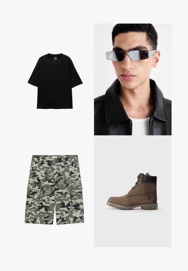 Černé tričko s krátkým rukávem vyrobené z bavlny, s kulatým výstřihem a volným střihem. Hladká textura s minimálními švy.; Maskovací cargo šortky v odstínech šedé a zelené, s mnoha kapsami, knoflíkovým zapínáním a odolnou texturou látky.; Hnědé kožené kotníkové boty s černým lemem, kovovými očky a robustní šedou podrážkou. Obsahují logo na boku a prošívané detaily.; Avenované sluneční brýle se šedým nádechem a stříbrnými doplňky, umístěné na světlém pozadí. Skla mají jedinečný geometrický tvar.