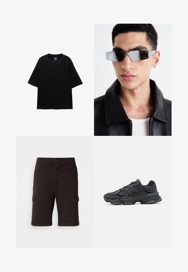 Černé tričko s krátkým rukávem vyrobené z bavlny, s kulatým výstřihem a volným střihem. Hladká textura s minimálními švy.; Černé cargo šortky s uzavíráním na knoflík, bočními kapsami a přímým střihem. Vyrobené z odolné tkaniny, s hladkou texturou.; Černá běžecká bota s kombinací síťoviny a syntetických materiálů, masivní podešev, zakřivený design a výrazné logo na boku.; Avenované sluneční brýle se šedým nádechem a stříbrnými doplňky, umístěné na světlém pozadí. Skla mají jedinečný geometrický tvar.
