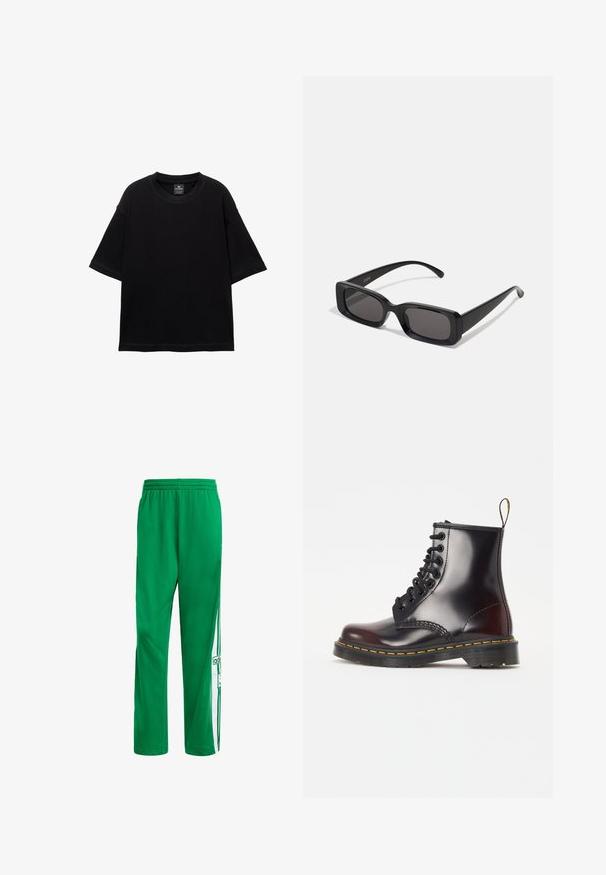 Black short-sleeve T-shirt made of cotton, featuring a round neckline and relaxed fit. Smooth texture with minimal stitching details.; Green athletic pants made of smooth fabric, featuring white side accents and an Adidas logo. Elastic waistband for comfort.; Black leather ankle boot with a glossy finish, round toe, seven-eyelet lace-up design, and distinctive yellow stitching along the sole.; Black rectangular sunglasses with dark lenses, glossy finish, wide arms, and a chunky frame design. Engraved brand name on one arm.