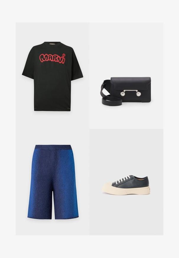 Crna kratka majica s kratkim rukavima s crvenim stiliziranim "Marni" tekstom preko prsa, s okruglim izrezom i opuštenim krojem.; Tamno plavi šortsevi s teksturiranim finišom, s ravnim krojem i nevidljivim pojasom, dizajnirani za udobnost i ležeran izgled.; Crne kožne tenisice s okruglim vrhom, bijelim vezicama i debelim kremasto bijelim gumiranim potplatom. Imaju minimalistički dizajn i glatku teksturu.; Crna kožna crossbody torba s preklopom, hardverom srebrne boje i dva okrugla detalja. Ima odvojivi remen. Glatka tekstura.