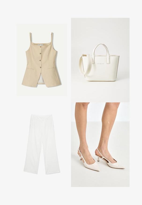 Béžová bezrukávová blúzka s pruhmi, s štvorcovým výstrihom, predným zapínaním na gombíky a dvoma bočnými vreckami. Hladká látka s prispôsobeným strihom.; Biele široké nohavice z látky s hladkým povrchom, prednými vreckami a klasickým pásom s pútkami na opasok.; Bežové lakované lodičky na podpätku so špicatou špičkou a 5 cm podpätkom, s výrezmi po stranách a tenkým remienkom okolo členka.; Biela kabelka z umelého kože s krátkymi uchami, nastaviteľným ramenným popruhom a zlatým kovovým hardvérom; na prednej strane má jemné logo.