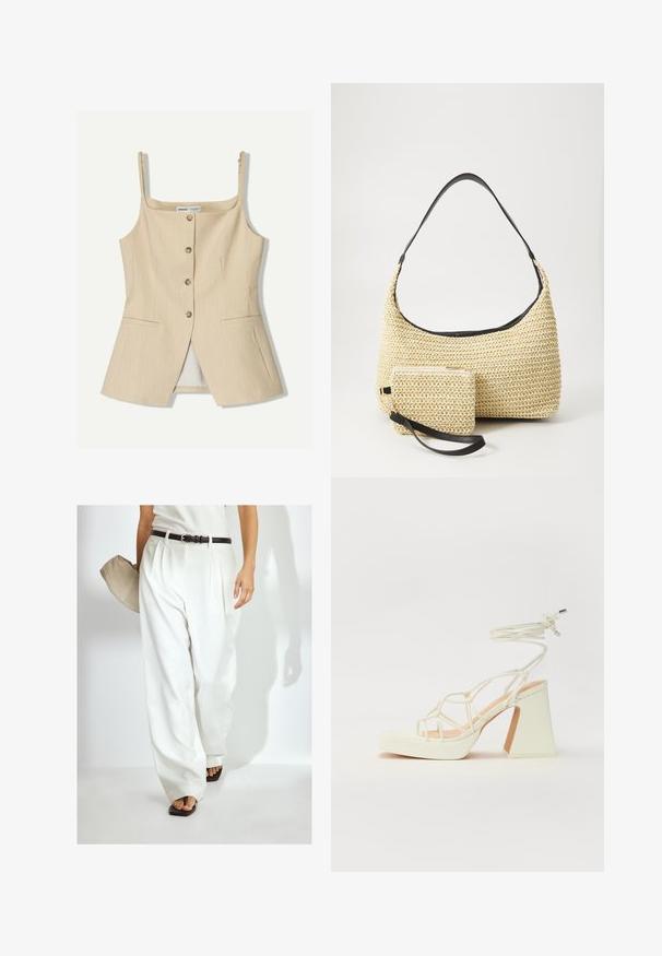 Bež prugasta brezrokavna majica s kvadratnim izrezom, sprednjim zapiranjem na gumb in dvema stranskima žepoma. Gladek material z prilagojenim krojem.; Bele, plisirane široke hlače iz gladkega materiala, v kombinaciji z črnim pasom. Oseba drži bež torbico in nosi ravne črne sandale.; Bela sandala na visokih petah s debelim petam, ki ima obliko trakcev in vezanje okoli gležnja. Gladka tekstura z platformo spredaj za dodatno višino.; Tkana torbica iz slame s zakrivljenim siluetom, ki vključuje gladek črn usnjen trak in usklajen majhen žep, pritrjen z ročajem za zapestje.