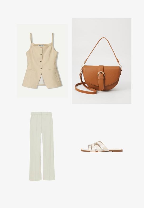 Bež prugasta brezrokavna majica s kvadratnim izrezom, sprednjim zapiranjem na gumb in dvema stranskima žepoma. Gladek material z prilagojenim krojem.; Svijetlosmeđi hlače od glatkog materijala, s ravnim krojem, naborkom sprijeda i standardnim pojasom s petljama za remen.; Ravne sandale s svetlo rjavim gumijastim podplatom, zasnovane s tremi prekrivajočimi se belimi usnjenimi trakovi in majhnim lokom na sredini.; Rjava usnjena torbica prek telesa s ukrivljeno obliko, zlate opreme in sponko. Ima odstranljiv naramni trak.