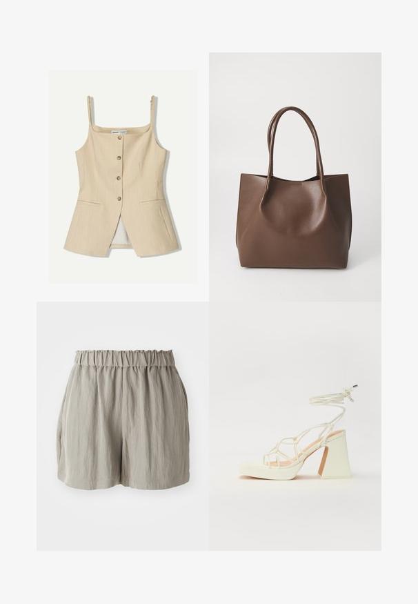 Beżowy top bez rękawów w paski z kwadratowym dekoltem, z zamknięciem na guziki z przodu i dwoma bocznymi kieszeniami. Gładka tkanina o dopasowanym kroju.; Jasnoszare szorty z elastycznym pasem, charakteryzujące się teksturowanym materiałem i luźnym krojem sięgającym do połowy uda.; Biała sandał na wysokim obcasie z masywnym słupkiem, z paskowym wzorem i wiązaniem przy kostce. Gładka faktura z platformą z przodu dla dodatkowej wysokości.; Brązowa skórzana torba tote z dwiema długimi rączkami, o strukturalnym kształcie, gładkiej fakturze i minimalistycznym designie. Brak widocznych elementów metalowych lub akcentów.
