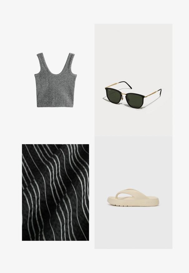 Grå ribbet tank top med brede skulderstropper og scoop-udskæring, lavet af et blødt strikket materiale, med en tætsiddende silhuet.; Sort stof med tynde hvide striber. Teksturen synes vævet med en blød, let krøllet finish. Striberne er ens i bredde.; Beige flip-flop sandal lavet af gummi, med en enkelt tåstrop og en tyk sål med skridsikker mønster. Præget med Fila-logoet.; Sorte katteøjede solbriller med grønne linser, guld metal accenter og slanke sorte arme. Tekstureret stel med et dristigt, geometrisk design.