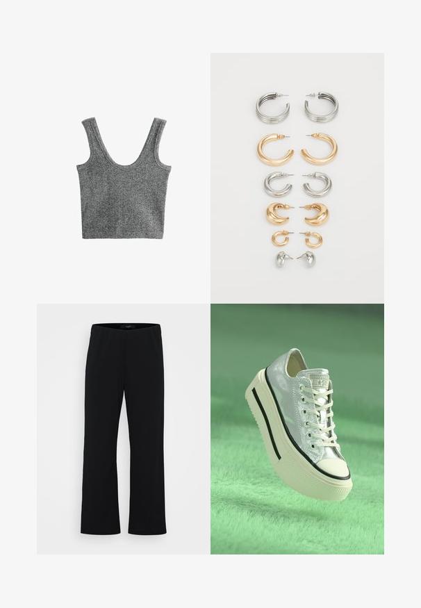 Top a canotte grigio a coste con spalline larghe e scollatura a girocollo, realizzato in un morbido materiale a maglia, caratterizzato da una silhouette aderente.; Pantaloni neri a gamba larga realizzati in tessuto morbido. Presentano un elastico in vita e una superficie liscia. Nessun motivo o dettaglio visibile.; Sneaker in argento metallico con suola a piattaforma, lacci bianchi e dettagli neri. Presenta una punta arrotondata e una suola in gomma testurizzata.; Set di otto orecchini in metallo nei toni dell'argento e dell'oro. Include vari stili di cerchi, texture e finiture, disposti per dimensione.