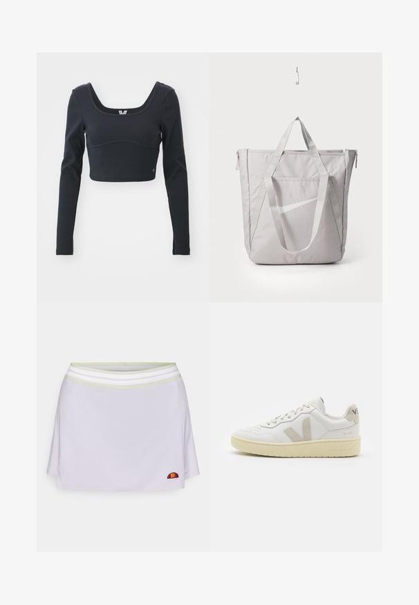 Črn dolg rokav skrajšan top iz rebraste teksture, ki se ponaša z širokim izrezom in prilegajočo silhueto, z diskretnim logotipom blagovne znamke.; Lila športna krila z mrežastim pasom, ki ima bele in zelene črte. Vsebuje majhen vezen logotip v spodnjem desnem kotu.; Bela usnjena tenisača z bež semiš poudarki, perforiranim prednjim delom, ravnimi vezalkami in strukturiranim kremnim podplatom. Ima diskretno blagovno znamko na peti.; Siva torba z ojačanimi ročaji, sprednjim žepom z zadrgo in belim logotipom Nike swoosh. Narejena iz trpežnega materiala z gladko teksturo.