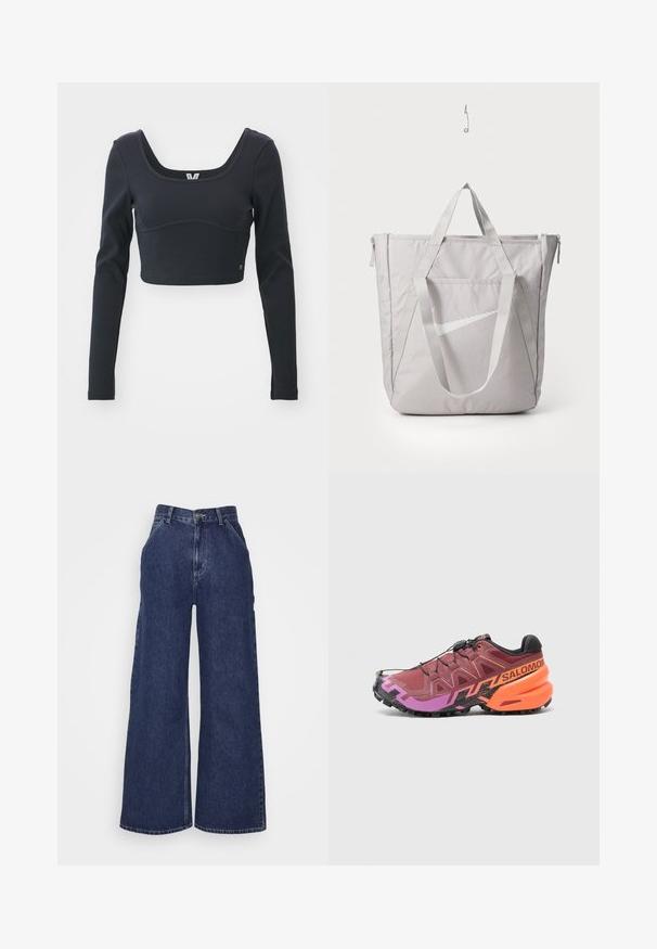 Fekete, hosszú ujjú, rövidített tetejű felső, bordázott textúrával, széles kerek nyakkivágással és testhez simuló siluettel, diszkrét márkajelzéssel.; Sötétkék, bő szárú farmernadrág, magas derékkal, elülső zsebekkel és fémből készült gombos cipzárral. Simább textúra és klasszikus dizájn.; Futócipő, amely bordó, lila és fekete dizájnnal rendelkezik, texturált felsőrésszel és szembetűnő narancssárga részletekkel a sarokon.; Szürke tote táska megerősített fogantyúkkal, elülső cipzáras zsebbel és egy fehér Nike swoosh logóval. Tartós anyagból készült, sima felületű.