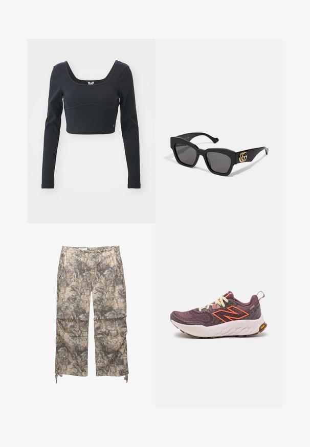 Zwarte langemouwen cropped top in geribbeld textuur, met een brede ronde halslijn en een aansluitende pasvorm, voorzien van een subtiele merklogo-accent.; Camo-geprinte broek gemaakt van een lichtgewicht stof, met een elastische tailleband, zijzakken en verstelbare trekkoorden bij de enkels.; Paarse en grijze sportschoen met oranje accenten, gestructureerde mesh bovenkant, EVA tussenzool en een rubberen buitenzool. Heeft contrasterende veters en een hielstrook.; Zwarte rechthoekige zonnebril met donkere lenzen, voorzien van een gouden GG-logo aan de zijkant. Gemaakt van glanzend plastic met rechte pootjes.; Grijze tote bag met versterkte handvatten, een voorzak met rits en een wit Nike swoosh-logo. Gemaakt van duurzame stof met een gladde textuur.