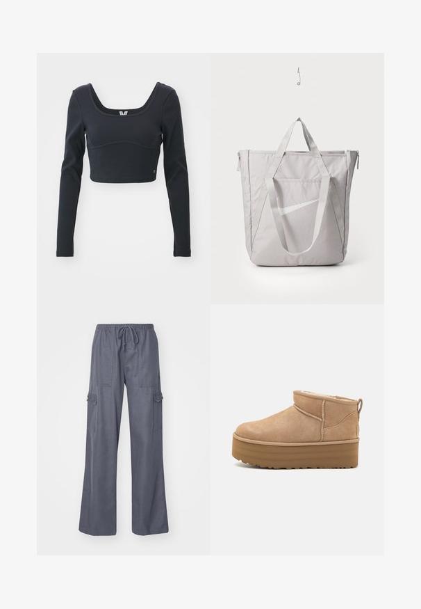 Schwarzes langärmliges, kurzes Oberteil aus Rippmaterial, mit weitem Boots-Ausschnitt und taillierter Silhouette, versehen mit einem dezenten Markenlogo Akzent.; Graue Cargo-Hosen mit einer Kordelzug-Taille, weiten Beinen und zwei Seitentaschen. Hergestellt aus einem weichen, leichten Stoff.; Beige Wildleder-Ankle Boots mit einem weichen Innenfutter, ausgestattet mit einer Plateausohle und einer Zuglasche hinten für einen einfachen Einstieg. Strukturiertes Gummiprofil.; Graue Tragetasche mit verstärkten Griffen, vorderer Reißverschlusstasche und einem weißen Nike-Swoosh-Logo. Hergestellt aus strapazierfähigem Stoff mit glatter Textur.