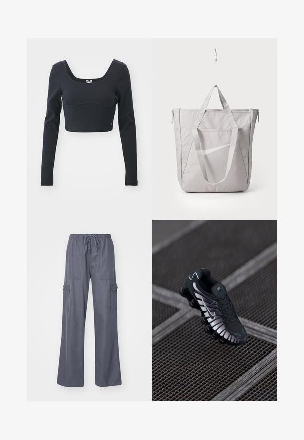 Black long-sleeve cropped top in ribbed texture, featuring a wide scoop neckline and fitted silhouette, with a subtle brand logo accent.; Gray cargo pants with a drawstring waist, wide legs, and two side pockets. Made from a soft, lightweight fabric.; Black athletic shoe with textured mesh upper, silver accents, arch support, and cushioned sole featuring distinct segmented design.; Gray tote bag with reinforced handles, front zippered pocket, and a white Nike swoosh logo. Made of durable fabric with a smooth texture.
