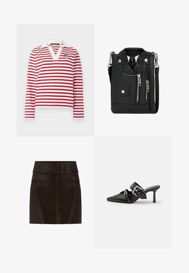 Piros és fehér csíkos, hosszú ujjú póló V-nyakkal és fehér gallérral. A bal oldalon egy kis hímzett macska minta található.; Barna műbőr mini szoknya széles derékkal, négyzet alakú csattal és két cipzáras oldalzsebbel. Sima, fényes felület.; Fekete magassarkú mules, hegyes orral, sima bőrből készült. Széles bokapántja van, négyzet alakú ezüst csattal és szegecsekkel.; Fekete műbőr crossbody táska, motoros dzseki stílusban tervezve. Cipzárakkal, patenttal és vállpánttal rendelkezik. Kompakt, merész megjelenéssel.