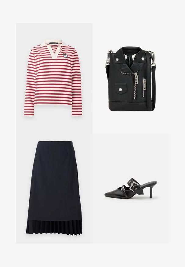 Červená a biela pruhovaná košeľa s dlhým rukávom a V-výstrihom, s bielym golierom. Obsahuje malý vyšívaný motív mačky na ľavej strane.; Čierna ceruzková sukňa s plisovaným lemom, prispôsobeným strihom a hladkým povrchom. Obsahuje diskrétny bočný zips a minimalistické detaily.; Čierne vysoké podpätky mule so špicatou špičkou, vyrobené z hladkej kože. Obsahujú široký členkový remienok so štvrcovým strieborným sponom a cvokmi.; Čierna koženka crossbody taška navrhnutá ako motocyklová bunda. Obsahuje zipsy, patentky a ramenný popruh. Kompaktná s drsným vzhľadom.