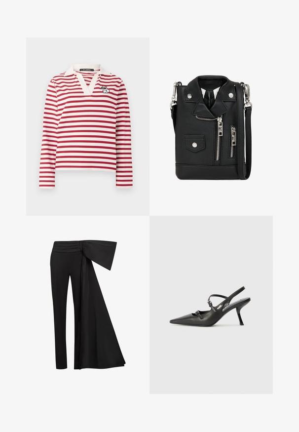Red and white striped long-sleeve shirt with a V-neck and a white collar. Features a small embroidered cat design on the left side.; Black trousers with a wide, draped sash detail at the waist. Smooth fabric, straight leg cut, and pleated waistband.; Black leather slingback heels with a pointed toe, slender heel, and decorative buckle detail on the vamp. Smooth texture and sleek design.; Black faux leather crossbody bag, designed like a motorcycle jacket. Features zippers, snaps, and a shoulder strap. Compact with an edgy look.