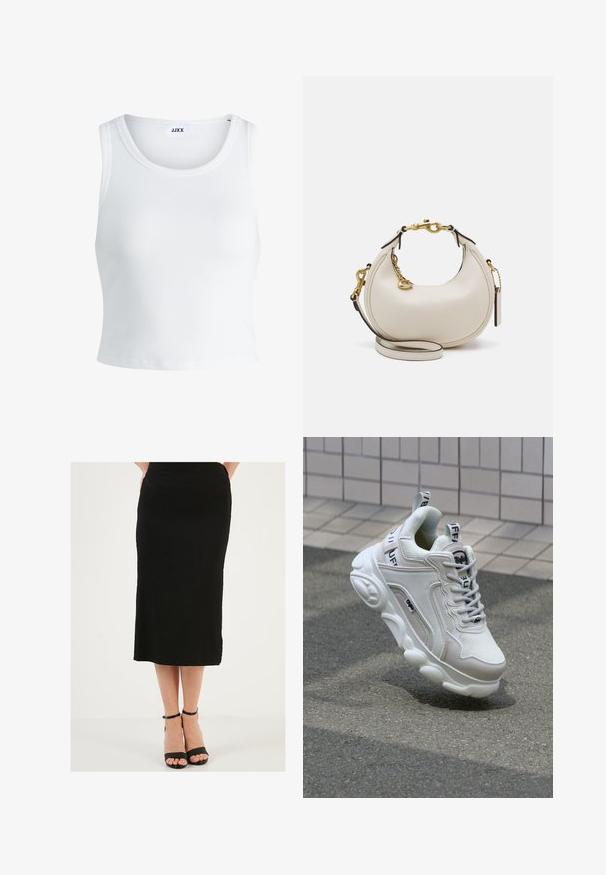 Witte geribbelde tanktop met een ronde hals, zonder mouwen en een cropped lengte. Label draagt "JJXX." Gladde stoftextuur.; Zwarte midi-rok gemaakt van textiel met een soepele tailleband. Gecombineerd met zwarte strappy hakken met een dunne enkelband.; Witte sneaker van mesh en leer, met een ronde neus, dikke zool, opvallende veters en merklogo op de hak en tong.; Crème leren handtas met een halve maan vorm, gouden hardware, zwarte accenten en een afneembare schouderband. Heeft een kettingdetail en label.