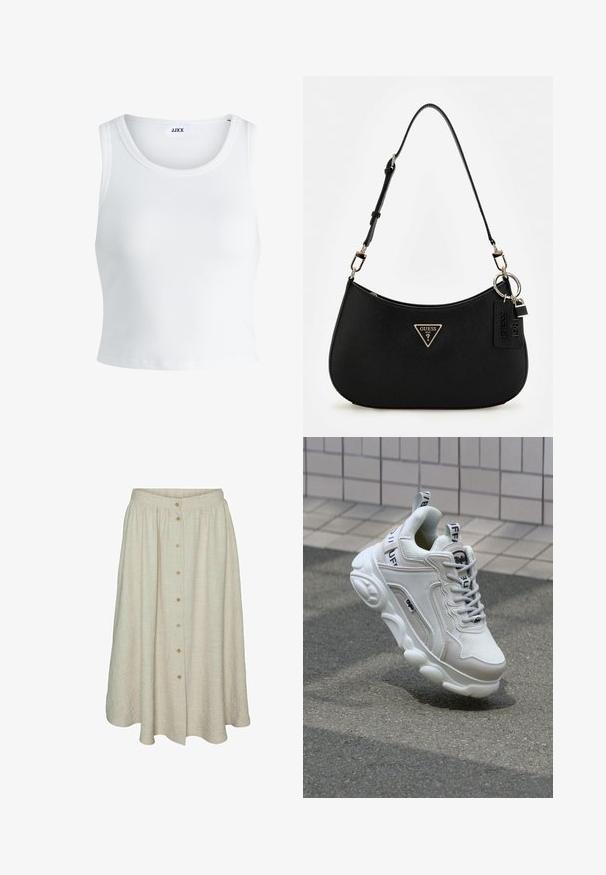 Débardeur blanc côtelé avec un col rond, sans manches et d'une longueur cropped. L'étiquette indique "JJXX". Texture du tissu lisse.; Jupe beige jusqu'aux genoux en tissu texturé, avec un devant à boutons, une taille élastique et un design fluide.; Sneaker blanc en matériaux mesh et cuir, bout arrondi, semelle épaisse, lacets proéminents et marqué au talon et sur la languette.; Sac à épaule synthétique noir avec une silhouette courbée, une finition texturée, un logo triangulaire en or et des accents matériels détachables.