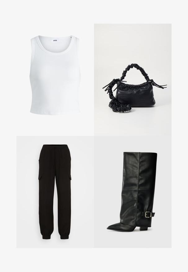 White ribbed tank top featuring a round neckline, sleeveless design, and a cropped length. Label reads "JJXX." Smooth fabric texture.; Black cargo pants with a relaxed fit, featuring an elastic waistband, drawstring closure, and side pockets. Made from lightweight fabric.; Black leather ankle-length boots with a pointed toe, smooth texture, and a silver buckle accent on the side. Chunky square heel.; Black faux leather handbag with a crocodile texture, cinched top, and a scrunched strap. Appears soft and compact in design.