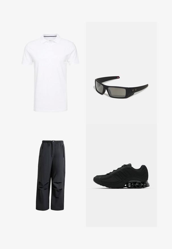 Biała koszulka polo wykonana z bawełny, z tradycyjnym kołnierzykiem, krótkimi rękawami oraz trzema guzikami, z subtelnymi granatowymi akcentami od wewnątrz.; Czarne, luźne spodnie z miękkiego materiału. Posiadają elastyczny pas, zapięcie na guzik oraz dwie boczne kieszenie z plisowanymi detalami.; Czarne buty sportowe z teksturowaną cholewką, trzema paskami i charakterystyczną, formowaną podeszwą z widocznymi elementami amortyzującymi.; Czarne okulary przeciwsłoneczne z matowym wykończeniem, prostokątne soczewki, lekko wygięte zauszniki, subtelny detal z logo oraz szkła w odcieniu dymnym.