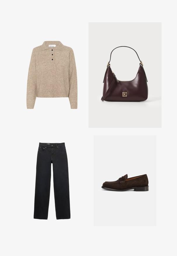 Pullover beige lavorato a maglia con colletto a polo, dotato di una patta con bottoni neri e polsini e orlo a coste. Tessuto morbido.; Jeans neri a gamba larga realizzati in denim, con cinque tasche, chiusura a bottone, cuciture sottili e una linea diritta dalla vita all'orlo.; Mocassini in suede marrone con punta rotonda, dettagli cuciti e un piccolo accento decorativo sulla fascia. Design con tacco piatto.; Borse in pelle borgogna con forma curva, dettagli in oro sull'hardware e chiusura con cerniera. Presenta una tracolla staccabile.