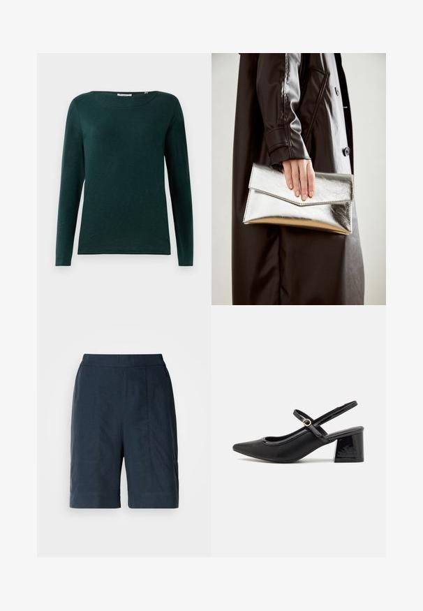Dark green long-sleeve shirt with round neckline and simple design, displayed on a white background.; Navy blue shorts made of lightweight fabric, featuring a straight cut, two front pockets, and subtle stitching details.; Black patent leather slingback heels with a pointed toe, a rounded cutout design, and a block heel. Features a gold-tone buckle accent.; Silver metallic clutch with an angular envelope design, smooth texture, and contrasting interior color, held in a hand wearing a black coat.