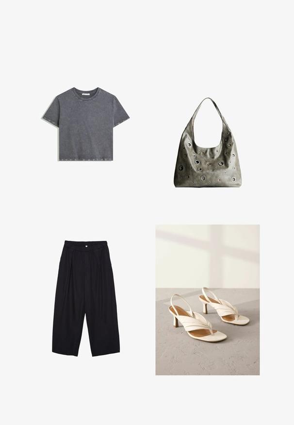 Krótki rękaw, szary top crop z przetartego materiału, z metalowymi oczkami wzdłuż rękawów i dolnego brzegu, okrągły dekolt, położony na białym tle.; Czarne spodnie culotte z poliestru z elastycznym pasem, dwoma fałdami z przodu i luźnym krojem. Brak widocznych wzorów lub elementów metalowych.; Białe skórzane szpilki slingback z przekręconym przodem, odkrytymi palcami i średnim blokowym obcasem. Gładka faktura i minimalistyczne akcenty.; Oliwkowa skórzana torebka o luźnym fasonie, z różnej wielkości okrągłymi wycięciami i akcentami w ciemniejszych i jaśniejszych odcieniach.