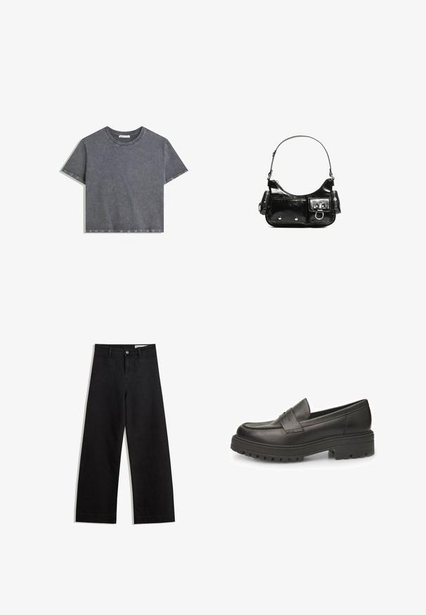 Short-sleeve washed gray crop top with metal eyelets along the sleeves and bottom hem, crew neck, laid flat on white background.; Black wide-leg denim pants with a high waist, featuring front and back pockets, stitched seams, and a button closure. Smooth texture.; Black leather loafers with a rounded toe, prominent stitching, and a ridged rubber sole for enhanced traction. Classic slip-on design.; Black patent leather handbag with a curved shape, one shoulder strap, front pockets, and silver-tone hardware accents.