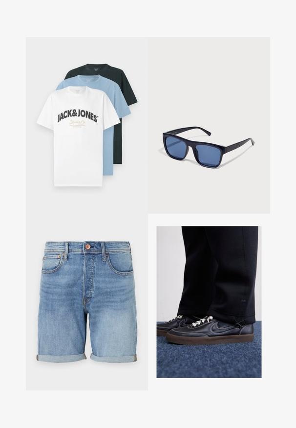 Três t-shirts dobradas de manga curta com decote redondo em branco com o logo Jack & Jones, azul claro e preto, empilhadas contra um fundo branco.; Calções de ganga azul claro com um corte clássico, bainha dobrada, bolsos frontais e detalhes em botão de cobre. Textura suave e design casual.; Nike Sportswear KILLSHOT 2 LTR PRM OPP2 - Sapatilhas - black sail baroque brown mtlc dk grey; Óculos de sol pretos em plástico com armações retangulares, lentes azuladas e hastes finas, apresentando um acabamento brilhante.
