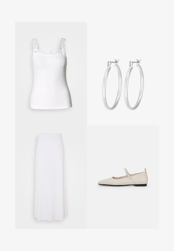Valge tank top reguleeritavate rihmadega, koos dekoratiivse pitsäärisega kaeluse ümber ja vormiva ribistekstuuri tekstuuriga.; Valge maksiseelik, mis on valmistatud kergest kangast, mille pind on sile. Seelikul on lihtne A-line disain ning ei ole nähtavaid kaunistusi.; Valgete nahast Mary Jane lamedate kingade kumerad varbad, külgmine pandla ja madal must konts. Sile tekstuur ja minimalistik disain.; Hõbedased rõngaskõrvarõngad, millel on sile, läikiv viimistlus. Ümmargune kuju ja turvaline klõpsulatus. Kerge disain, sobib igapäevaseks kandmiseks.
