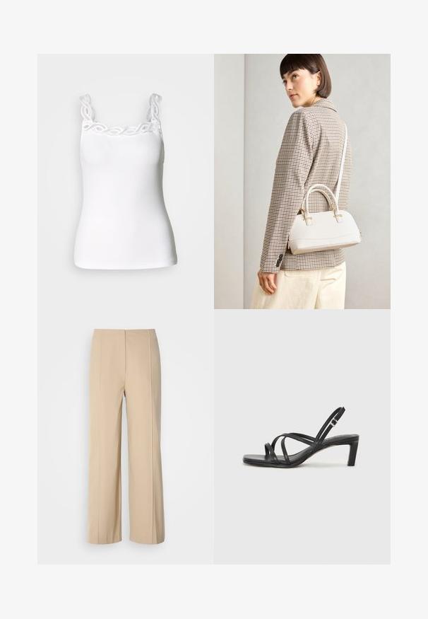 Baltam tank top ar regulējamiem siksniņām, ar dekoratīvu mežģīņu apdari gar kakla izgriezumu un pieguļošu, ribotu tekstūru.; Bežīgas platās bikses, izgatavotas no strukturēta auduma, ar minimālistisku dizainu, kas ietver presētas krokas un platu jostas vietu.; Melnas strappy sandales ar kvadrātveida purngaliem un zemu bloku papēdi. Ievērojamas ar vairākiem plāniem siksniņām un regulējamu potītes siksniņu. Izgatavotas no gludas ādas.; Balta strukturēta roku soma ar īsām rokturiem un plecu siksnu, ar zelta aparatūras akcentiem un strukturētu materiālu, izstādīta uz pelēka fona.