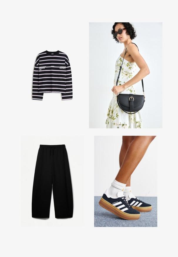 Pruhované tričko s dlouhým rukávem v černé, bílé a světle růžové barvě. Má bílý textový potisk na hrudi, cropovaný střih a žebrovaný kulatý výstřih.; Černé široké kalhoty s elastickým pasem a šňůrkou. Měkká tkanina s hladkým povrchem. Rovný střih s bočními švy.; Černé semišové tenisky s bílými pruhy a detaily, zaoblenou špičkou, podrážkou z gumy barvy žvýkačky, doplněné bílými žebrovanými ponožkami ke kotníkům.; Černá kožená kabelka s křivkovým tvarem, odnímatelným popruhem a zlatými detaily. Kabelka má klopu s přezkou.