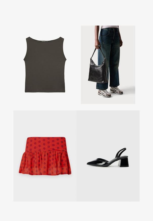 Tmavě šedý, přiléhavý top bez rukávů s kulatým výstřihem, vyrobený z hladké, pružné látky. Žádné viditelné vzory ani akcenty.; Červená volánková sukně s černými puntíky, vyrobená z lehké tkaniny. Má vypasovaný pas a vrstvený design.; Černé lakované kožené lodičky na pásku s špičatou špičkou a geometrickým blokovým podpatkem. Vyznačují se elegantním, minimalistickým designem a hladkým povrchem.; Černá kožená kabelka přes rameno se hladkým povrchem a nastavitelným popruhem, spárovaná s vybledlými džínami širokého střihu a sportovními teniskami.