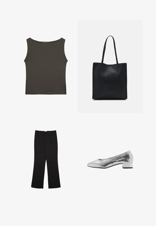 Czarnoszary, dopasowany top na ramiączkach z okrągłym dekoltem i bez rękawów, wykonany z gładkiego, elastycznego materiału. Brak widocznych wzorów lub akcentów.; Czarne spodnie o prostym kroju, z przednimi kieszeniami i bocznymi rozcięciami na dole. Wykonane z miękkiego, gładkiego materiału. Odpowiednie na różne okazje.; Srebrne metaliczne baleriny o popękanej fakturze, w szpic, z niskim słupkowym obcasem i gładkim wewnętrznym wykończeniem.; Czarna skórzana torba tote o gładkiej fakturze, prostokątnym kształcie i dwóch długich uchwytach. Brak widocznych elementów metalowych i ozdób.