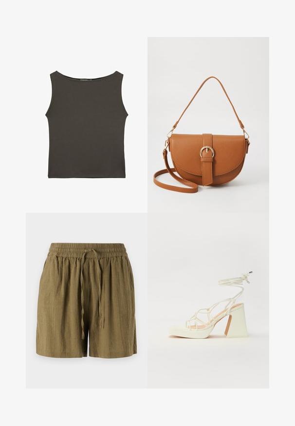 Temno siva, prilegača majica brez rokavov z zaobljenim izrezom, narejena iz gladkega, elastičnega materiala. Brez vidnih vzorcev ali detajlov.; Olivno zeleni kratki hlače na gumbe, izdelane iz lahkega materiala, z elastičnim pasom in vrvico, sproščenega, širokega kroja.; Bela sandala na visokih petah s debelim petam, ki ima obliko trakcev in vezanje okoli gležnja. Gladka tekstura z platformo spredaj za dodatno višino.; Rjava usnjena torbica prek telesa s ukrivljeno obliko, zlate opreme in sponko. Ima odstranljiv naramni trak.