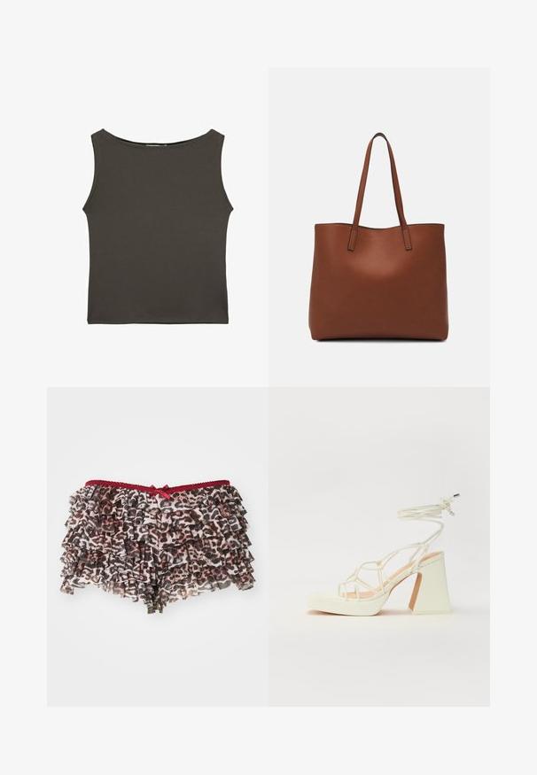 Czarnoszary, dopasowany top na ramiączkach z okrągłym dekoltem i bez rękawów, wykonany z gładkiego, elastycznego materiału. Brak widocznych wzorów lub akcentów.; Kwiatowe szorty w lamparcie cętki z warstwowymi falbanami, posiadające czerwony koronkowy pasek w talii i małą kokardkę z przodu.; Biała sandał na wysokim obcasie z masywnym słupkiem, z paskowym wzorem i wiązaniem przy kostce. Gładka faktura z platformą z przodu dla dodatkowej wysokości.; Brązowa skórzana torba tote o gładkiej fakturze, z otwartym wierzchem i dwoma ramiączkami. Charakteryzuje się minimalnym przeszyciem i brakiem widocznych elementów metalowych.