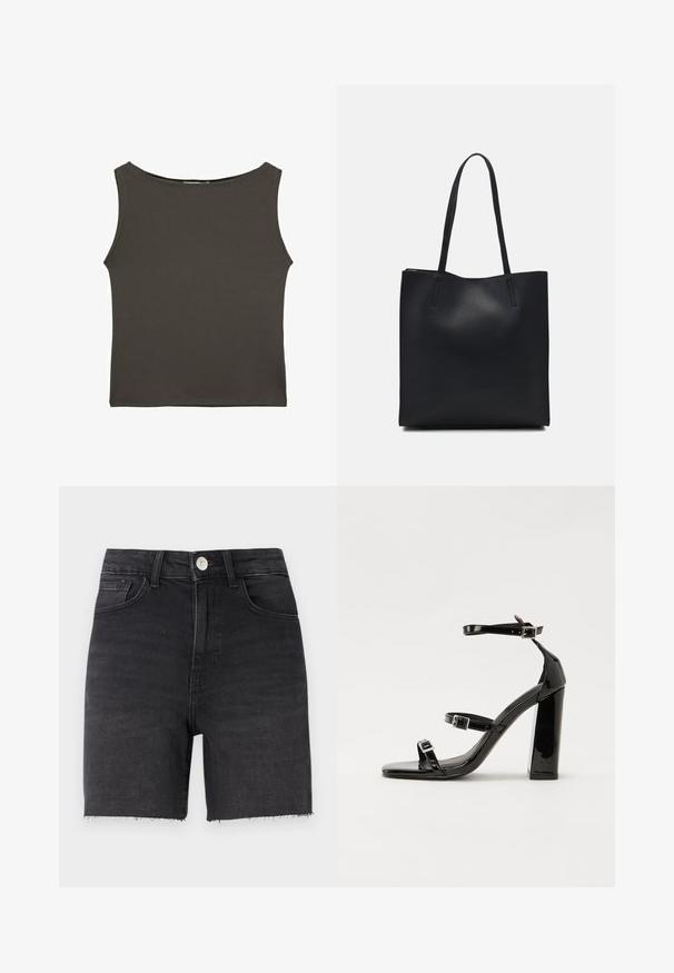Tmavošedý, priliehavý top bez rukávov s okrúhlym výstrihom, vyrobený z hladkej, elastickej látky. Žiadne viditeľné vzory ani detaily.; Čierne džínsy šortky s priliehavým strihom, priamym strihom, roztrhnutým lemom, päť vreckovým štýlom a kovovým gombíkovým zapínaním v páse.; Čierne lakované sandále na podpätku so štvorcovou špičkou, navlečenými remienkami okolo členku a striebornými prackami. Disponujú masívnym blokovým podpätkom pre stabilitu.; Čierna kožená taška na rameno s hladkým povrchom, obdĺžnikovým tvarom a dvoma dlhými uchami. Bez viditeľného kovania alebo ozdôb.