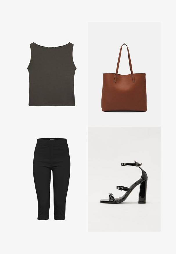 Czarnoszary, dopasowany top na ramiączkach z okrągłym dekoltem i bez rękawów, wykonany z gładkiego, elastycznego materiału. Brak widocznych wzorów lub akcentów.; Czarne spodnie capri wykonane z elastycznego materiału. Posiadają dopasowaną talię, kieszenie boczne oraz krótki fason o gładkiej teksturze.; Czarne lakierowane sandały na obcasie z kwadratowym noskiem, z paskami wokół kostki i srebrnymi klamrami. Posiadają masywny słupek dla stabilności.; Brązowa skórzana torba tote o gładkiej fakturze, z otwartym wierzchem i dwoma ramiączkami. Charakteryzuje się minimalnym przeszyciem i brakiem widocznych elementów metalowych.