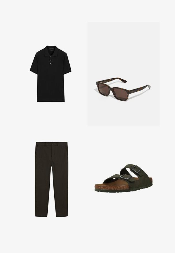 Czarna koszulka polo z prążkowanym wzorem, krótkimi rękawami, płaskim kołnierzykiem i zapięciem na trzy guziki. Prosty i klasyczny design.; Ciemnobrązowe, tkane spodnie o prostym kroju, z przednimi kieszeniami i zapięciem na guzik w pasie. Gładka tekstura.; Zielone sandały na płaskiej podeszwie z dwoma regulowanymi paskami, korkową wkładką i gumową podeszwą. Posiadają srebrne klamry i teksturowany materiał wierzchni.; Okulary przeciwsłoneczne Gucci z kwadratowymi, żółwiowymi plastikowymi oprawkami i brązowymi szkłami. Posiadają subtelne logo na zausznikach.